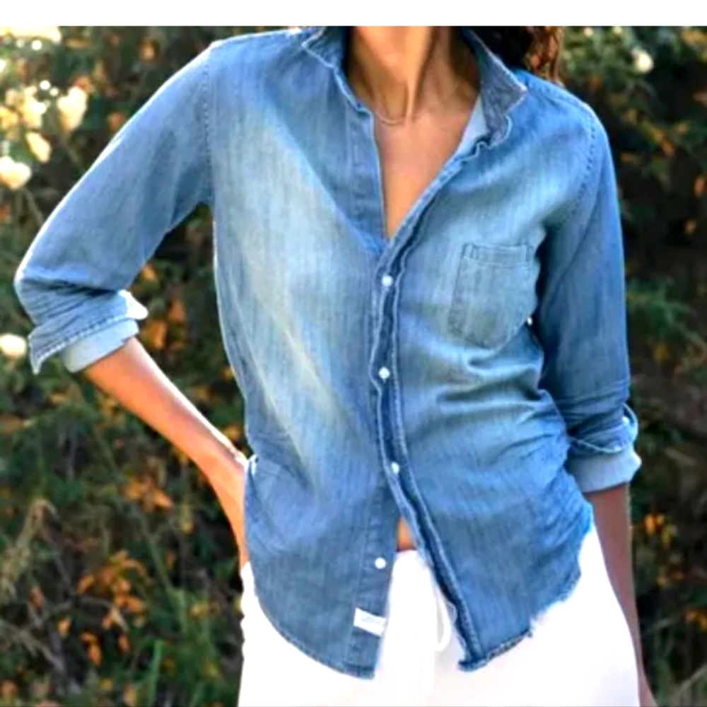 frank & eileen Barry Denim chambray distressed tailored Button up M medium 278$$